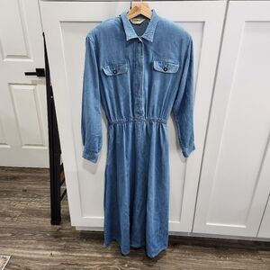 Vintage Ll Bean Denim Dress House Dress Blue Button 90s Long Sleeve Cotton 6